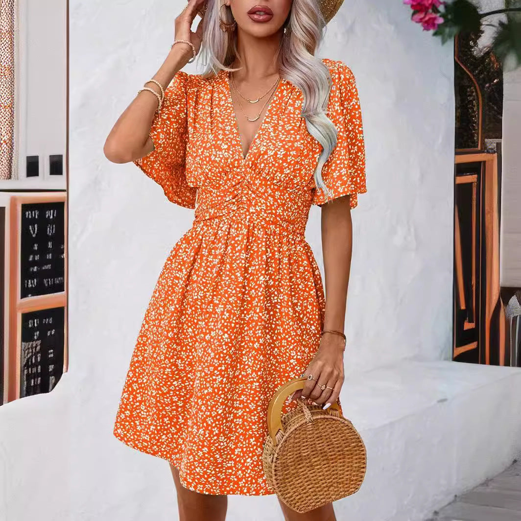 Rose Red Floral V Neck Empire Waist Short Sleeve Midi Dress