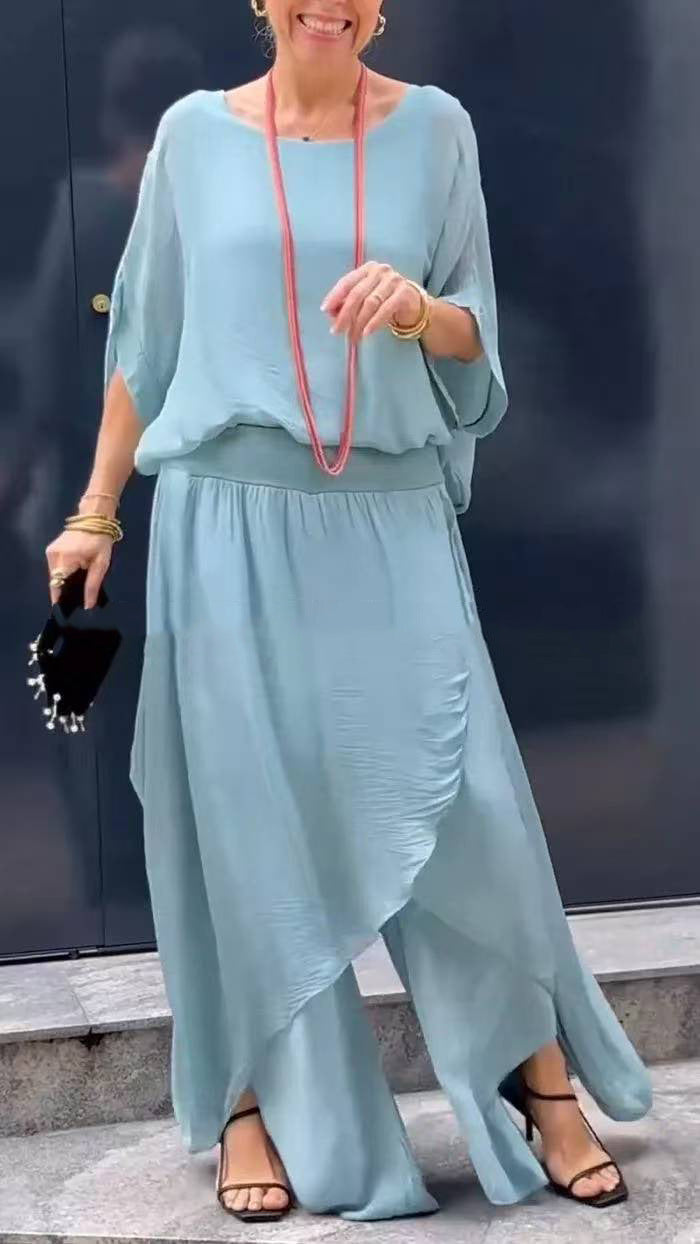 Womens Chiffon Two Piece Set Wide Leg Pants Flowy Ruffle