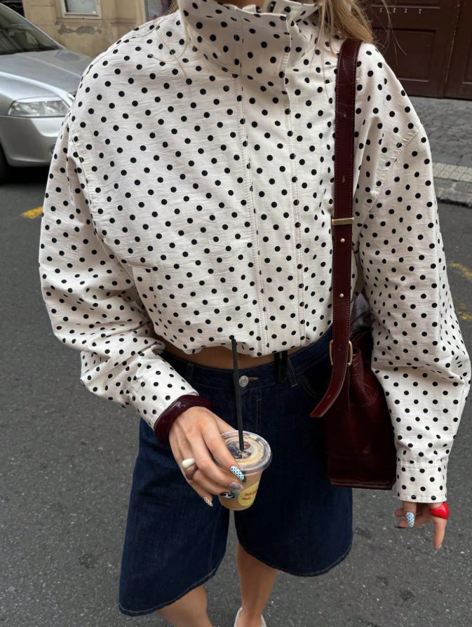 Polka Dot Zip Jacket Stand Collar Pocket Loose Coat