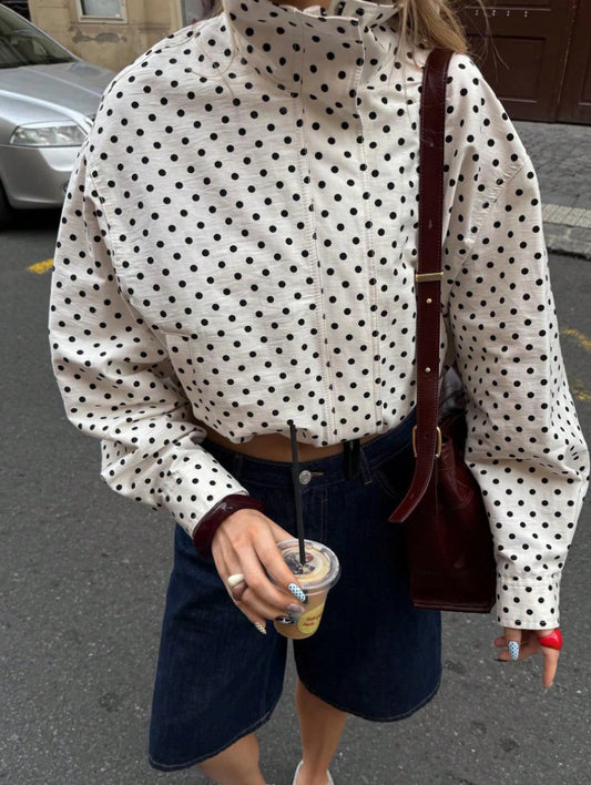 Polka Dot Zip Jacket Stand Collar Pocket Loose Coat