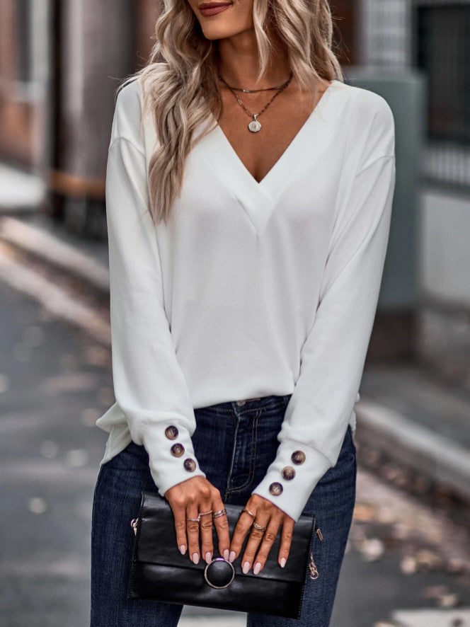 V Neck Button Cuff Long Sleeve Blouse Women Casual Top