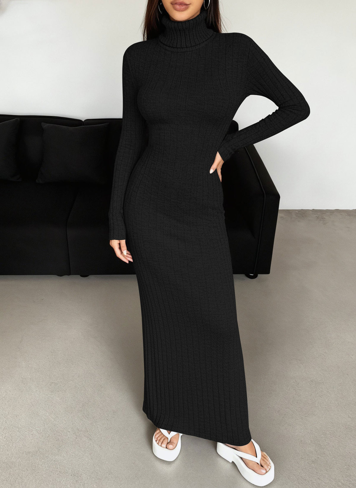Ribbed Turtleneck Long Sleeve Bodycon Maxi Dress
