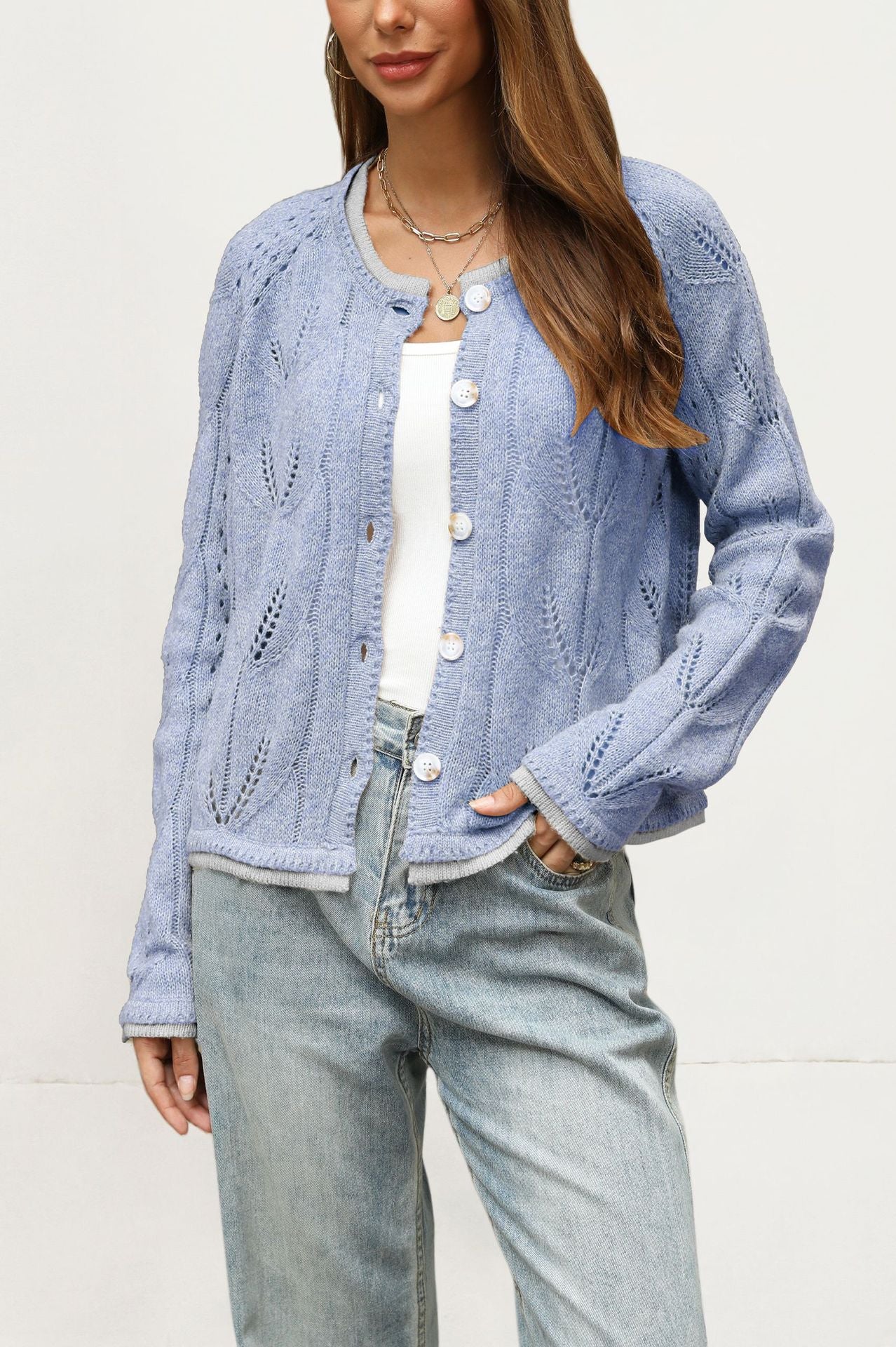 Women's Pointelle Knit Button Cardigan Contrast Trim