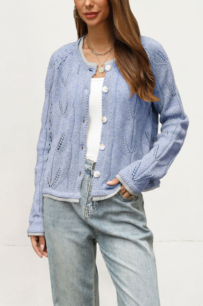 Women's Pointelle Knit Button Cardigan Contrast Trim