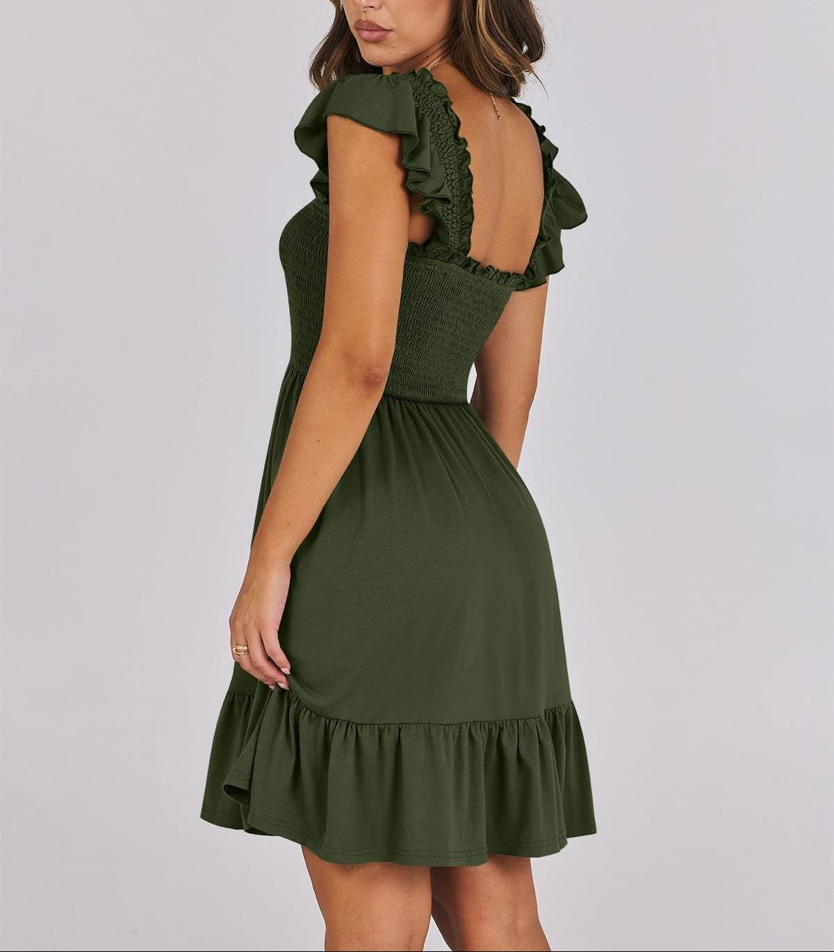 Smocked Square Neck Ruffle Sleeve Midi Dress