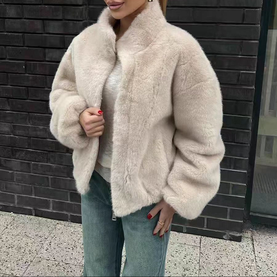 Women's Cream Faux Fur Jacket Stand Collar Zip-Up