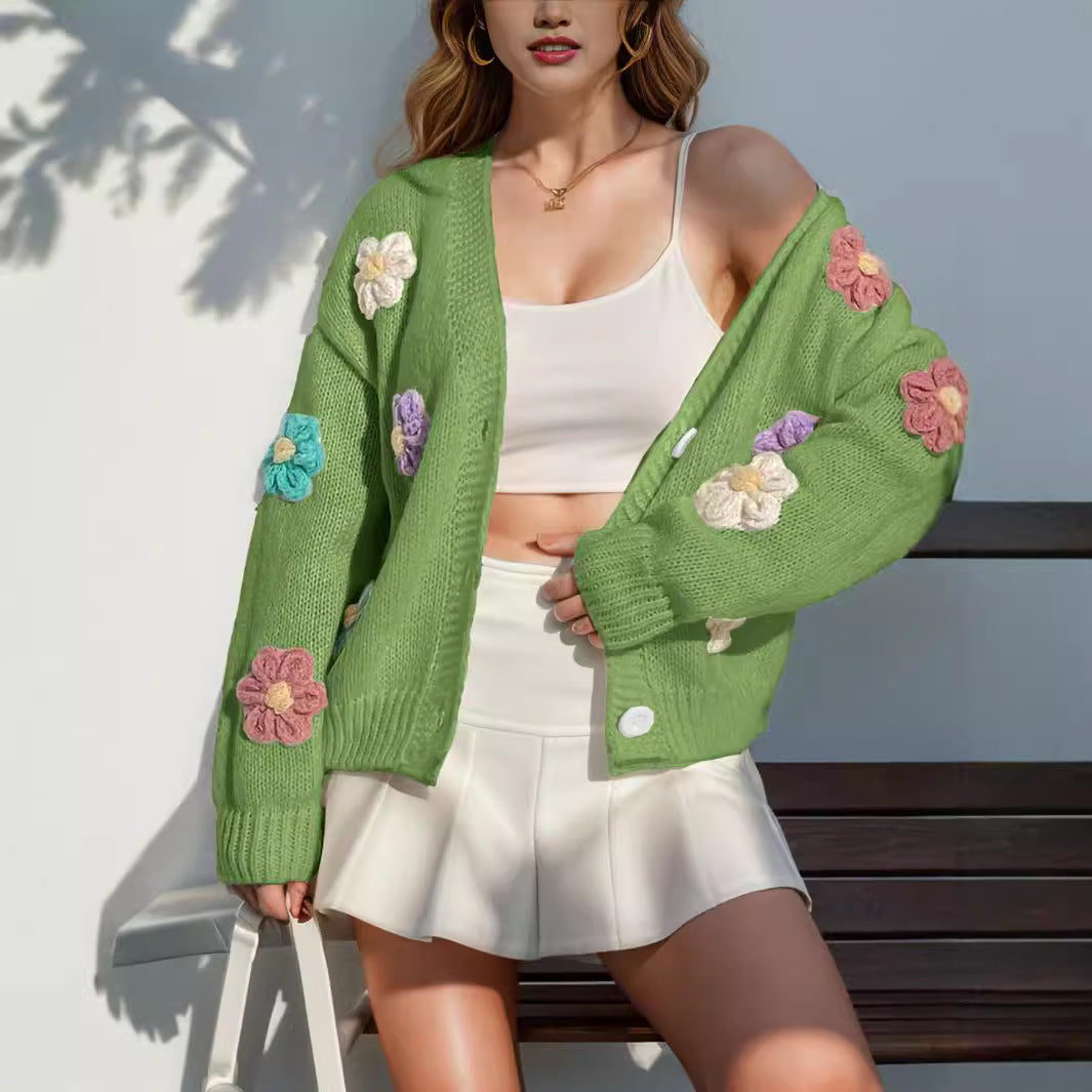 Womens Oversized Floral Crochet Cardigan Button Front