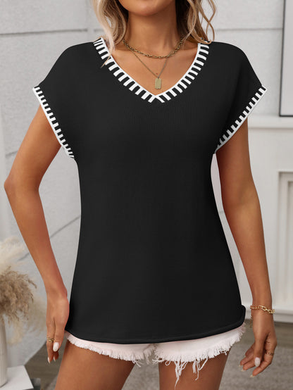 Striped V Neck Knit Top Short Sleeve Casual Sweater