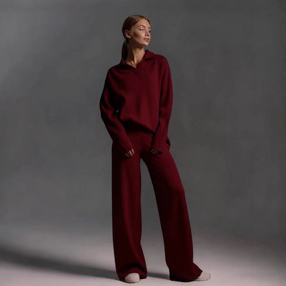 Women's Cozy Polo Top Wide Leg Pants Matching Set