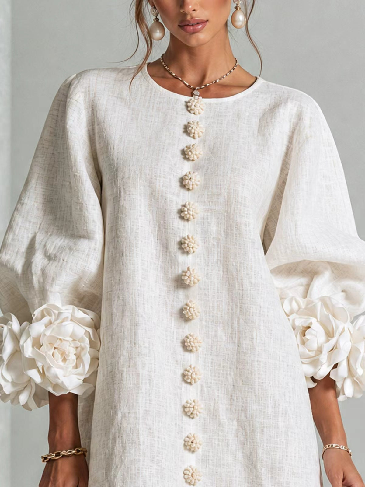 Women's 3D Floral Puff Sleeve Linen Blend Mini Dress