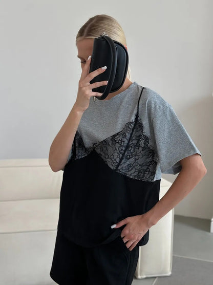 Sexy Lace Splice Loose Tee Top Casual Streetwear Summer Women