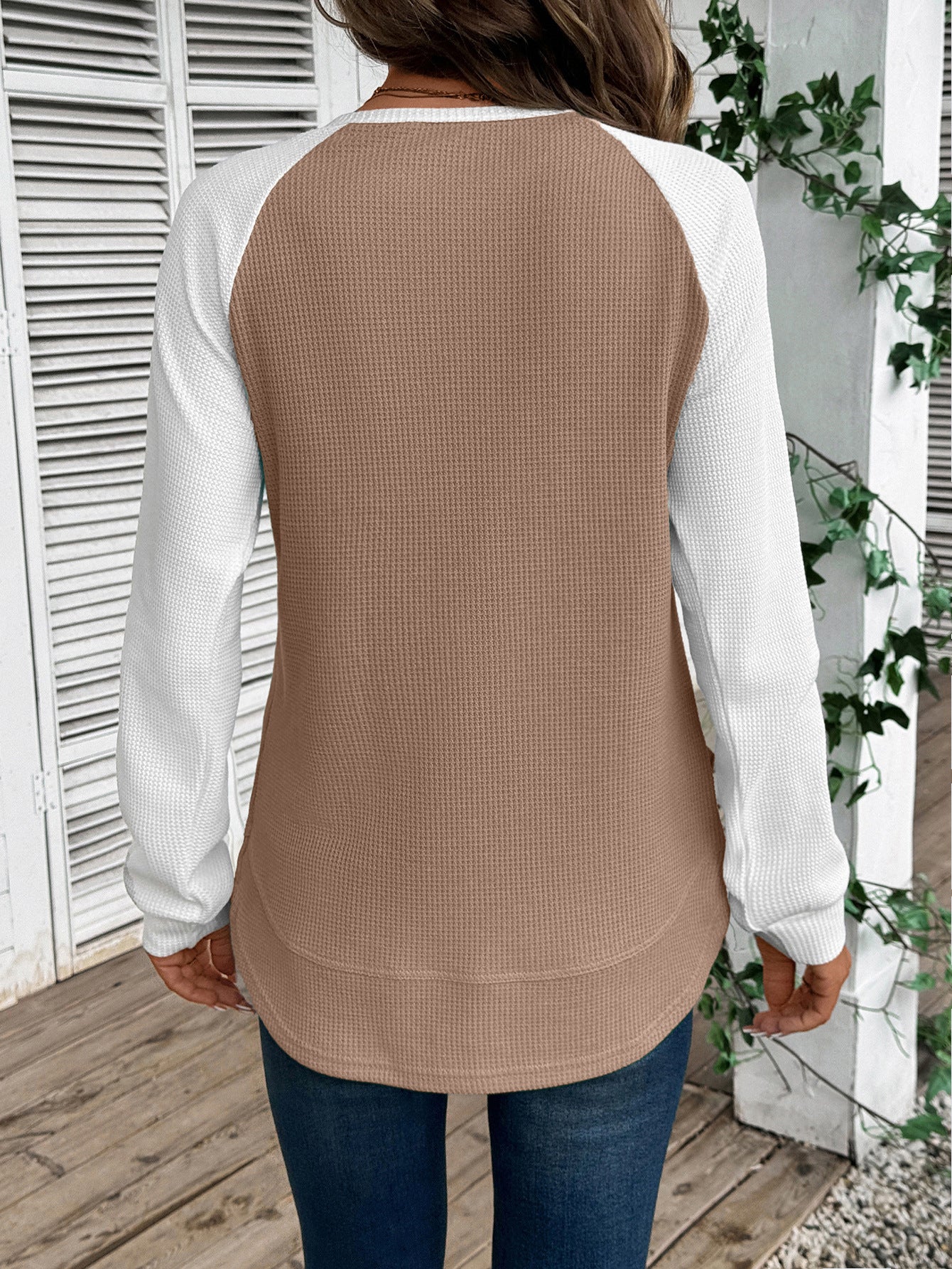 Colorblock Waffle Knit Long Sleeve Top Women Casual Tee