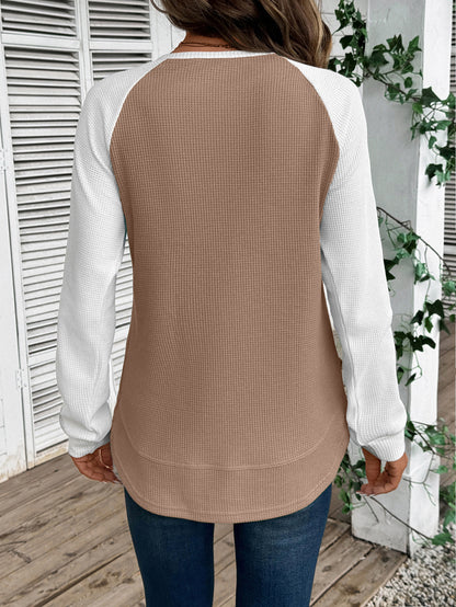 Colorblock Waffle Knit Long Sleeve Top Women Casual Tee