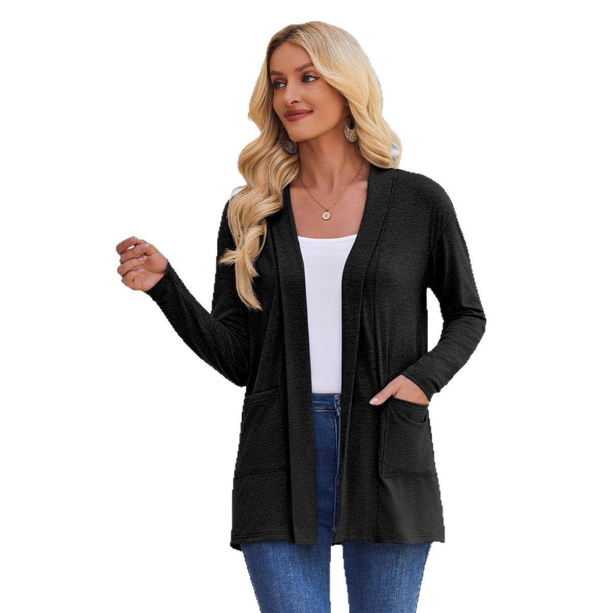 Women's Open Front Lightweight Cardigan Long Sleeve Pockets