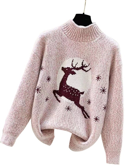 Women's Chenille Reindeer Christmas Mock Neck Sweater