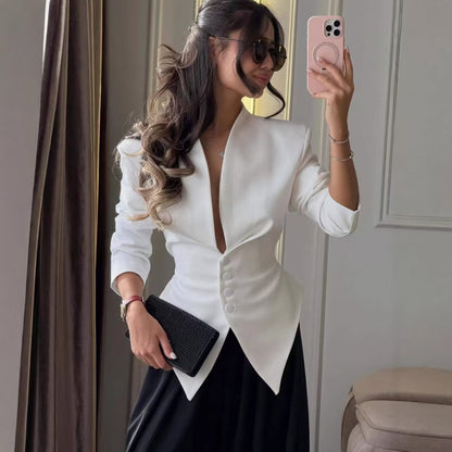 Women's V-Neck Cinched Waist Fitted Blazer Jacket