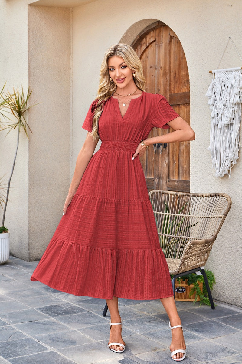 Solid Cotton Maxi Dress V Neck Puff Sleeve Smocked Dress