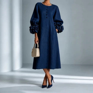 Women's Linen Midi Dress 3D Floral Cuff Button Front