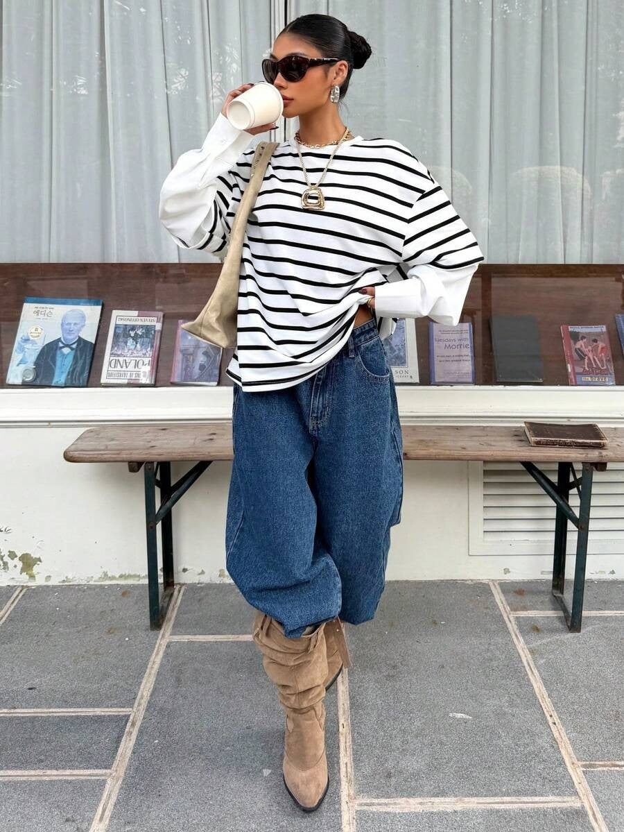 Striped layered look top relaxed long sleeve