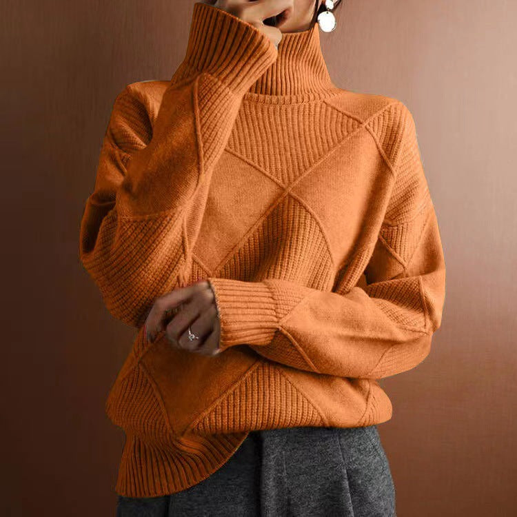 Chunky Turtleneck Sweater Diamond Pattern Pullover