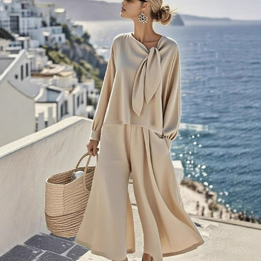 Women's Tie Neck Top Wide Leg Pants Two Piece Set