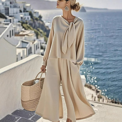 Women's Tie Neck Top Wide Leg Pants Two Piece Set