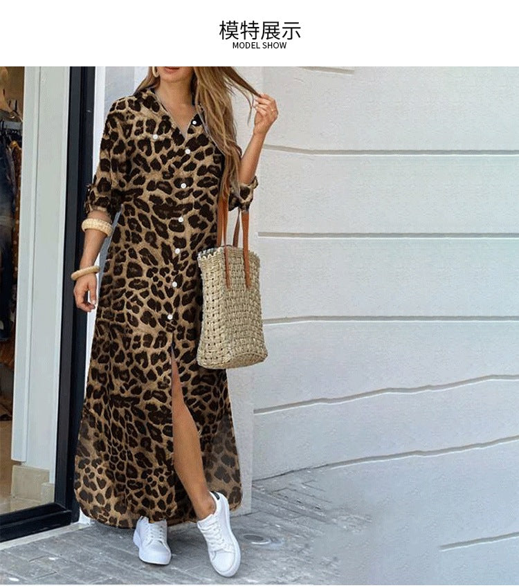 Women's Long Sleeve Button Down Printed Maxi Shirt Dress