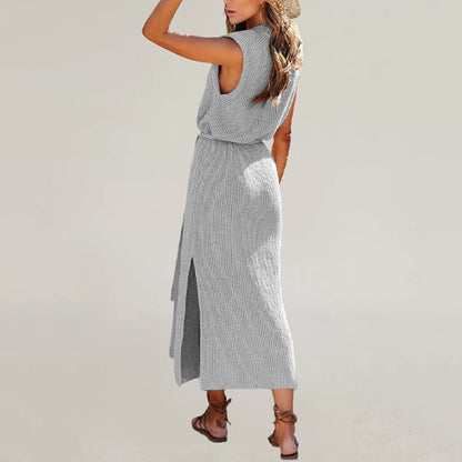 Sleeveless Knit Maxi Dress Crew Neck Belted Side Slit Solid