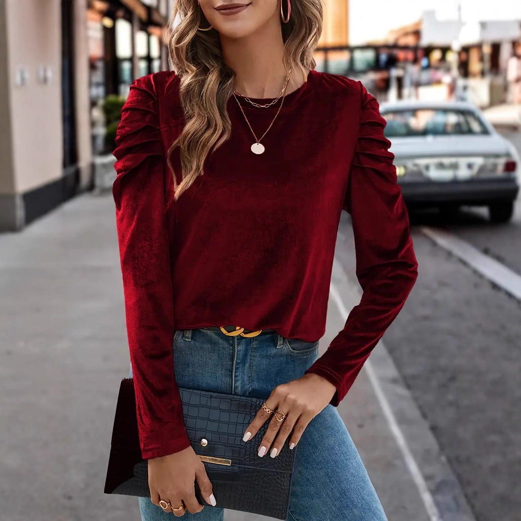 Women's Velvet Ruched Puff Sleeve Crew Neck Top