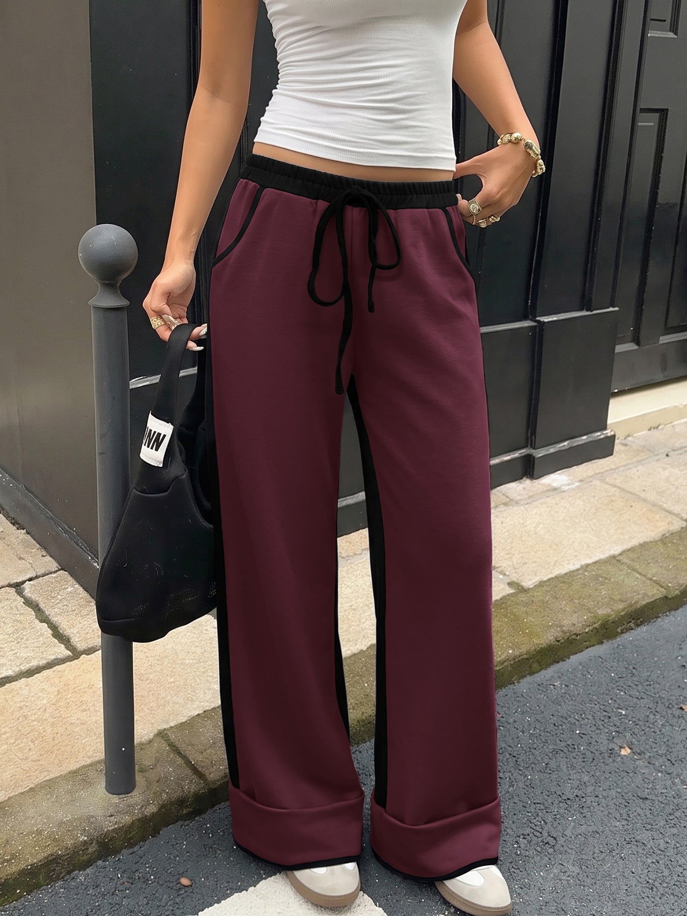 Women's High Waist Colorblock Wide Leg Sweatpants Pockets