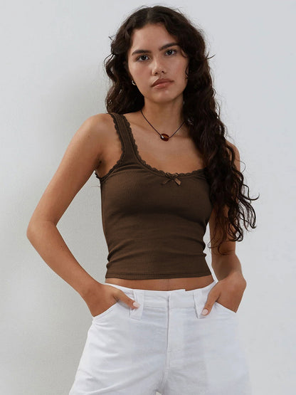 Ribbed Lace Trim Cami Top Slim Fit Cropped Tank