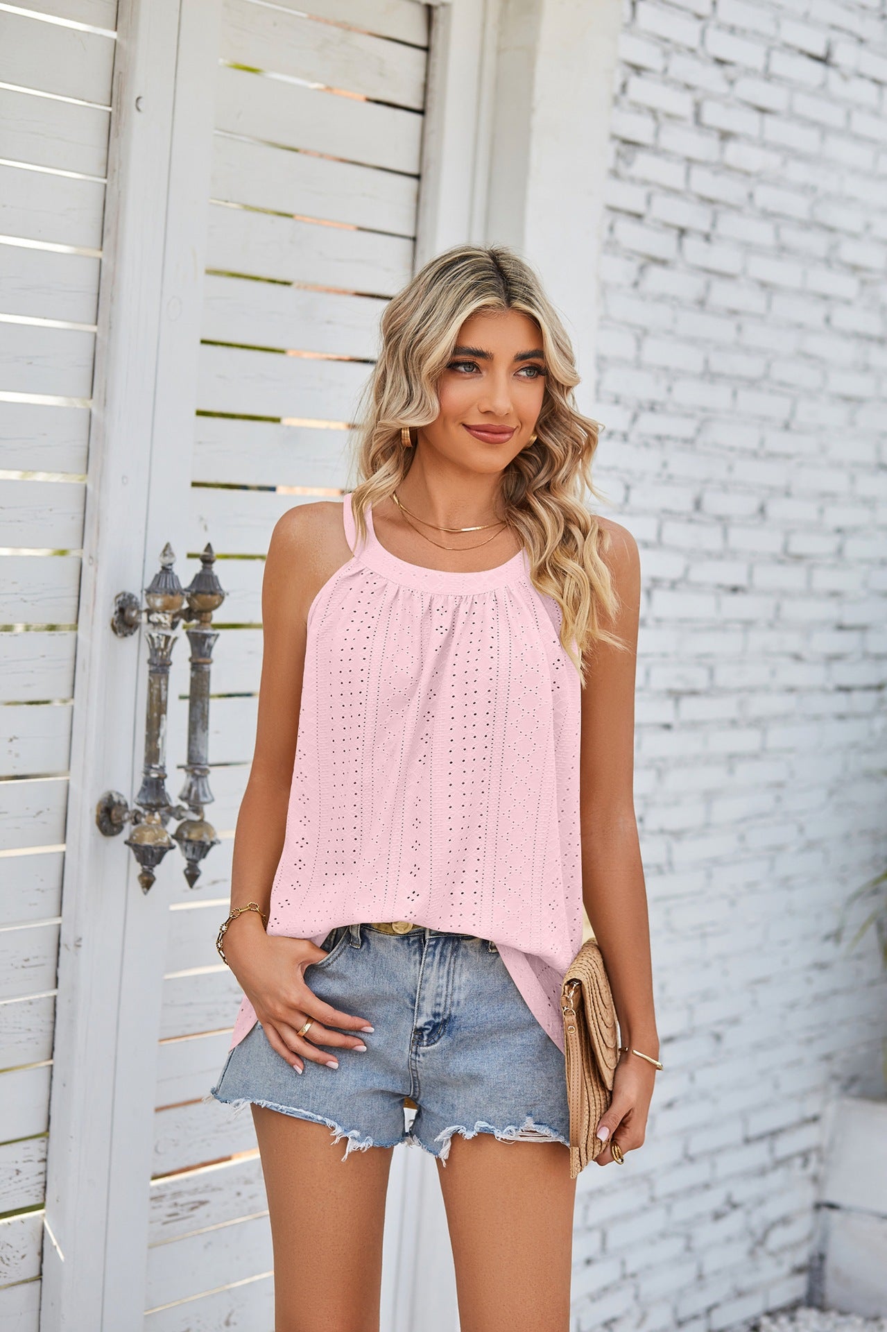 Loose Fit Round Neck Pleated Sleeveless Vest T-Shirt
