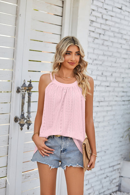 Loose Fit Round Neck Pleated Sleeveless Vest T-Shirt