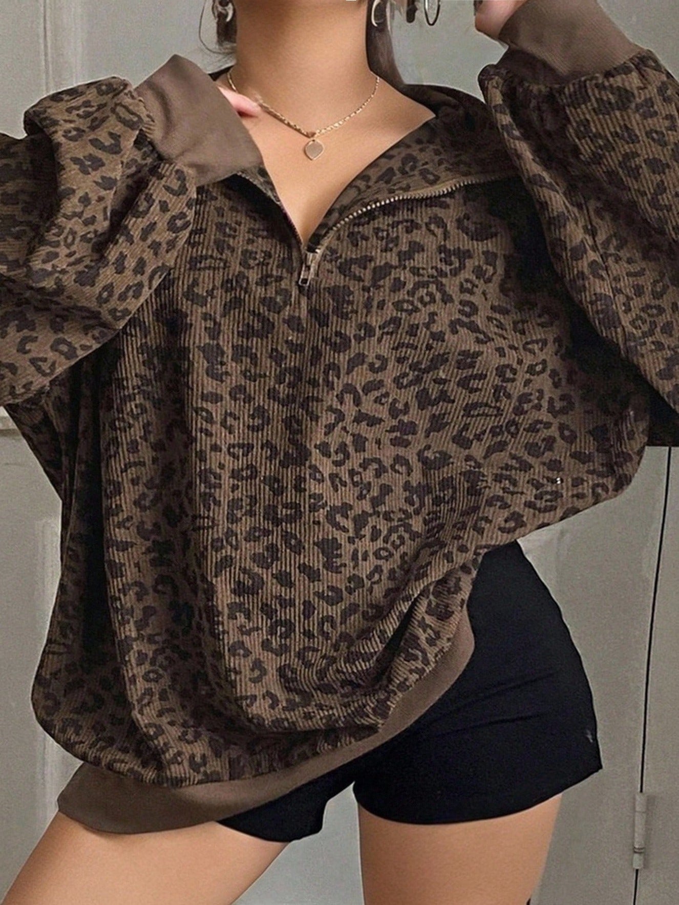 Leopard Print Oversized Quarter Zip Pullover Sweatshirt