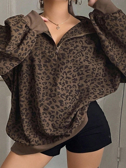 Leopard Print Oversized Quarter Zip Pullover Sweatshirt