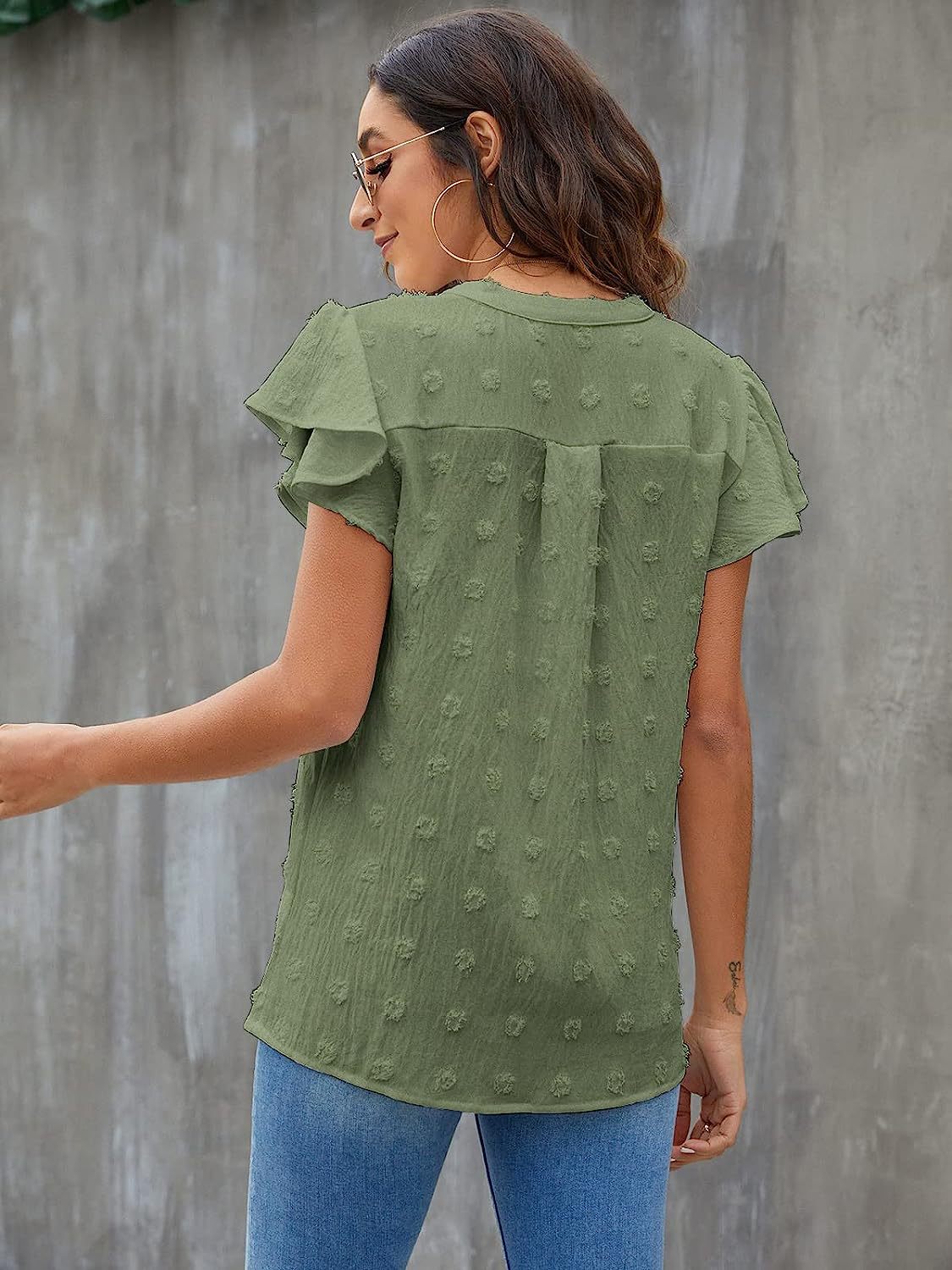 Women's V-Neck Pleated Sleeve Top with Pom Poms - Perfect for Summer