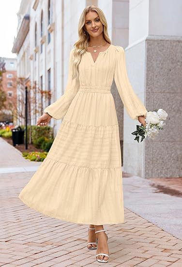Women's V-Neck Long Sleeve Tiered Maxi Smocked Cotton Dress