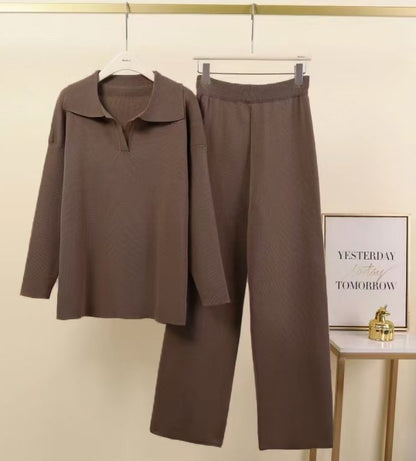 Women's Two Piece Knit Polo Sweater Wide Leg Pants Set