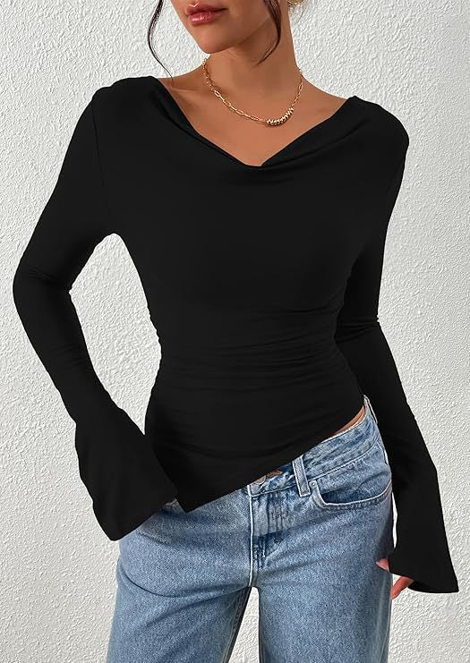 Women's Cowl Neck Long Sleeve Asymmetric Fitted Top