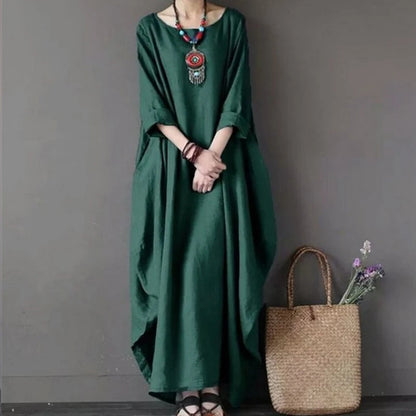 Women's Casual Loose Maxi Dress Long Sleeve Ruffle Hem Solid