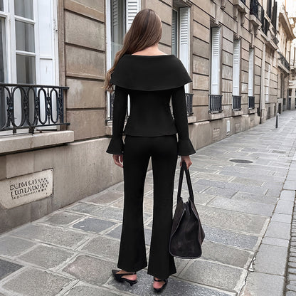 Black Peplum Two Piece Set Off Shoulder Flare Pants