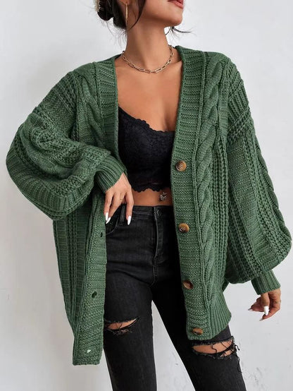 Oversized Cable Knit V-Neck Balloon Sleeve Cardigan