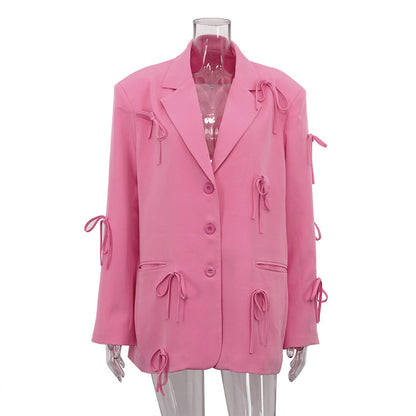 Women's Pink Bow Detail Oversized Casual Blazer