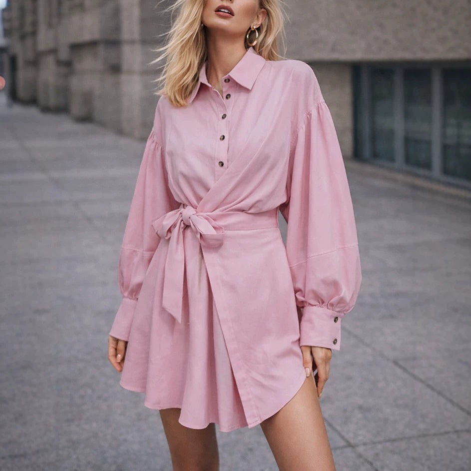 Womens Tie Waist Shirt Dress Balloon Sleeve Button Front