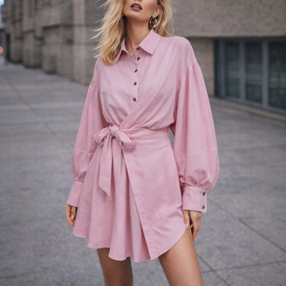 Womens Tie Waist Shirt Dress Balloon Sleeve Button Front