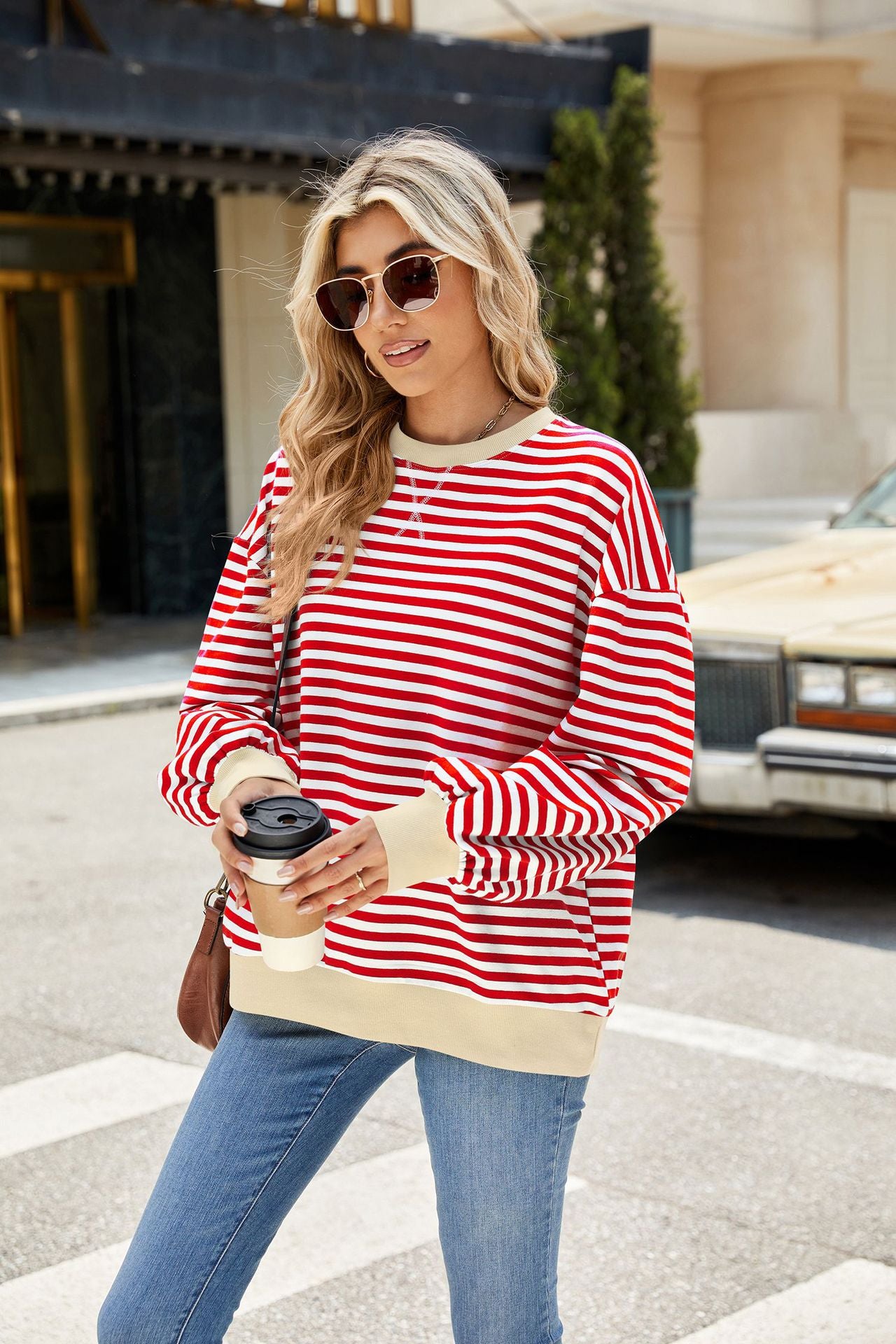 Striped Color Block Crew Neck Loose Fit Long Sleeve Sweatshirt