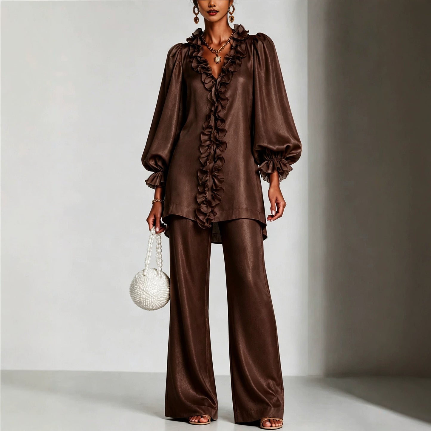 Women's Ruffle V-Neck Puff Sleeve Wide Leg Pants Set