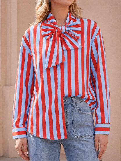 Women's Striped Tie Neck Long Sleeve Blouse Casual