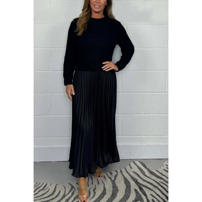 Women's Colorblock Ribbed Pleated Maxi Dress Long Sleeve
