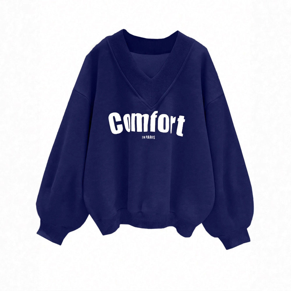 Womens Oversized V Neck Graphic Sweatshirt Bubble Sleeve